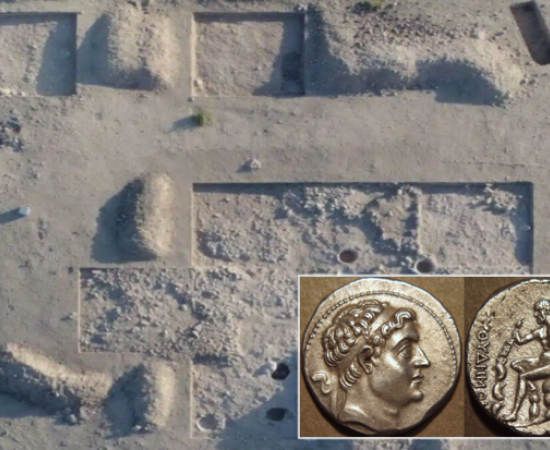 Aerial view of the excavation in the central part of Iskandar Tepa. Inset; Silver tetradrachm of Demetrius I Soter