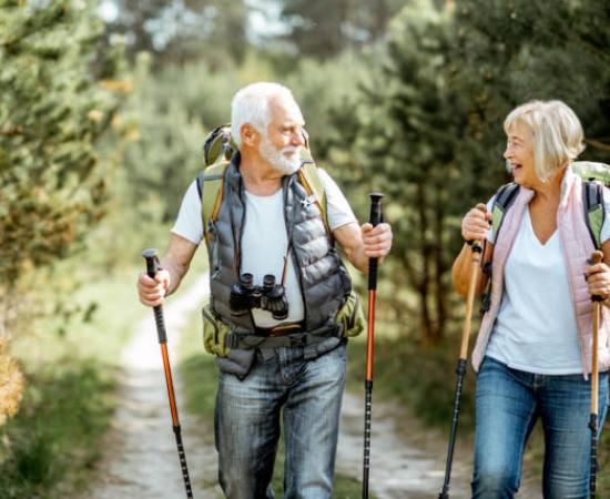 Happy senior couple hiking with trekking sticks and backpacks at the young pine forest
