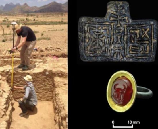 Michael Harrower and Cinzia Perlingieri mapping architecture at the Aksumite town of Beta Samati. (Credit: Nicole Harrower) A Christian stone pendant and a gold and carnelian intaglio ring found in the basilica. (Credit: I. Dumitru)   Source: Antiquity Publications Ltd.