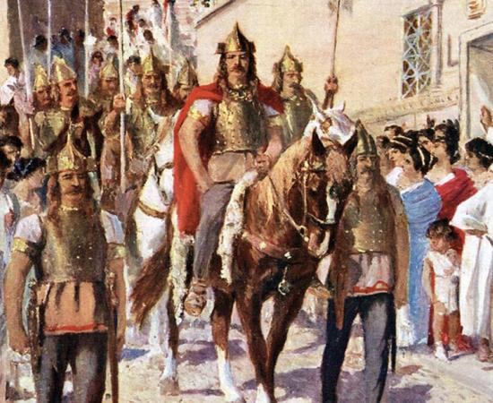 Illustration from the 1920s depicting Alaric parading through Athens after conquering the city in 395 AD. 