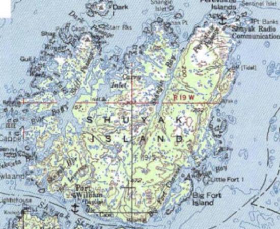 Topographic map of Shuyak Island showing the locations of newly discovered archaeological sites