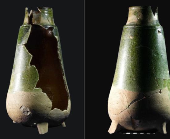 Two sides of the flask-shaped distilling vessel found at Gnandstein Castle which is partly green-glazed on the outside and yellow-glazed inside.