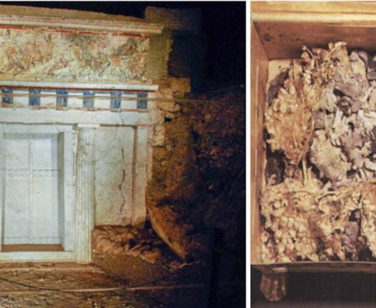 Left; Facade of Tomb II in Vergina, Greece.	Right; Bones and textile fragments from the tomb