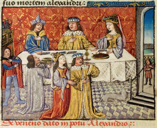 Alexander and his queen at table, and again in the foreground with a feather in his throat after being poisoned, 323 BC.  