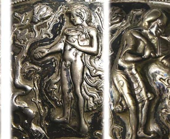 Closeups of images of Alexander (the two leftmost figures), an Indian priest, and a servant shown on the silver Tibetan bowl that depicts Alexander legends with a Jewish “twist.” Source: Ancient Orient Museum, Tokyo