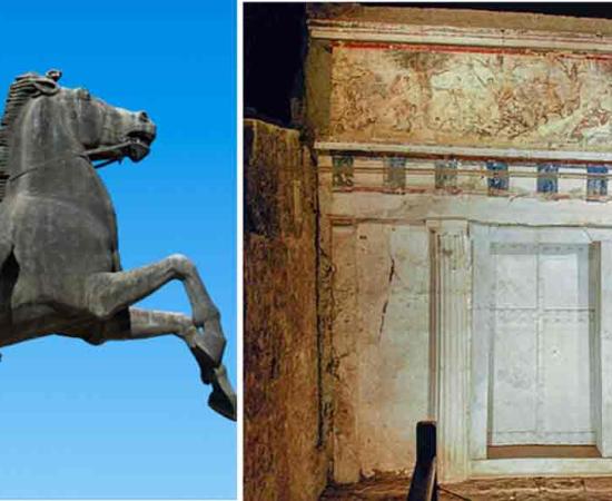 Statue of Alexander the Great at Thessaloniki, Greece, Right: Facade of Philip II of Macedon tomb in Vergina, Greece.  Source: YK/Adobe Stock, Public Domain