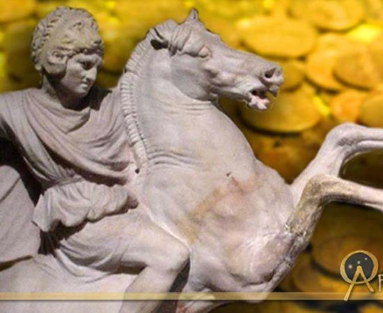 Detail of the Alexander Sarcophagus located in the Istanbul Archaeology Museum. Gold coins