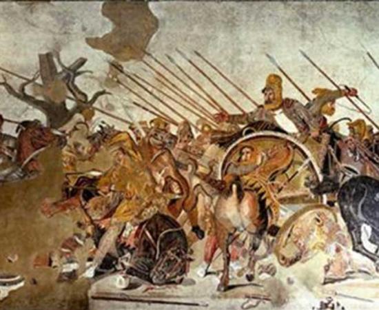 Famous Alexander Mosaic, showing Battle of Issus. Alexander is depicted mounted, on the left. 
