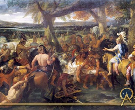 A painting by Charles Le Brun (1673) depicting Alexander and Porus (Puru) during the Battle of the Hydaspes