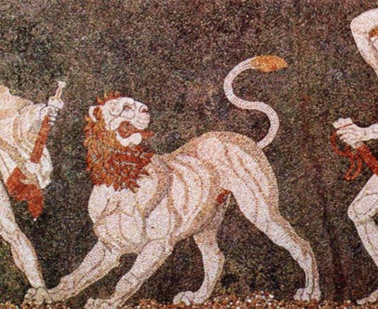 Lion hunt. Mosaic from Pella (ancient Macedonia), late 4th century BC, depicting Alexander the Great and Craterus. Housed in the Pella Museum. Image: Public Domain