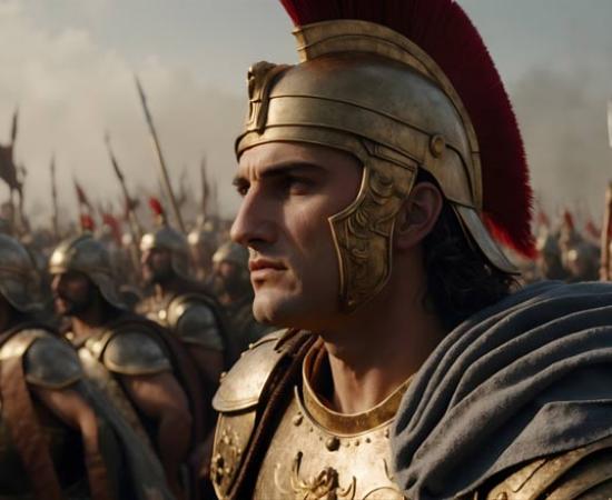 Alexander the Great standing in front of his army, Battle of Jaxartes. AI generated image. Source: Amir Bajric/Adobe Stock	