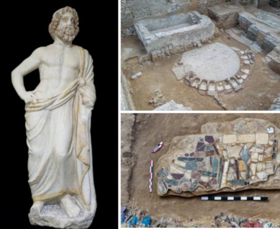 Statue of Bacchus, public bath house and mosaic found beneath Alexandria, Egypt