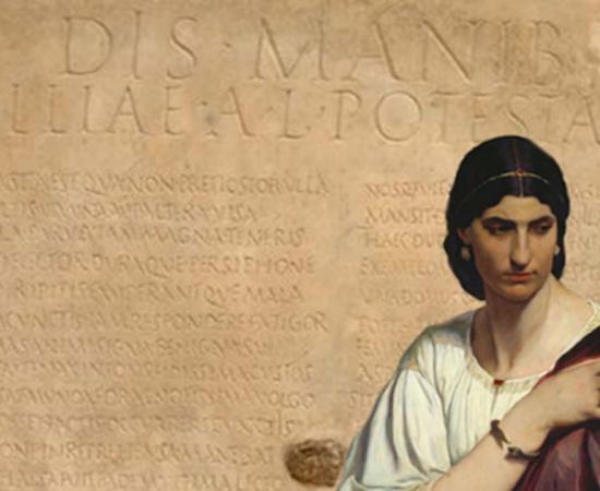‘Half-Length Portrait of a Roman Woman’ (1862/1866) by Anselm Feuerbach. (Public Domain) Background: Sepulchral inscription of Allia Potestas (1st–4th century AT), found on a marble tablet in Via Pinciana, Rome, Italy in 1912.