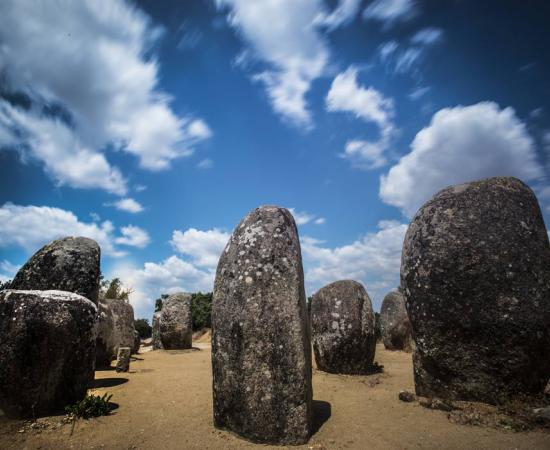 Almendres Cromlech megalithic site, Portugal.