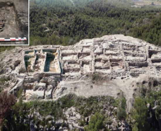 Aerial view of La Almoloya, the Argaric hilltop settlement at Pliego, Murcia, Spain, with inset, El Argar burial. 