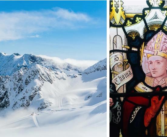 Left: representation of an alpine glacier. (ryszard filipowicz / Adobe stock). Right: 19th-century depiction of St Thomas Becket, showing a sword piercing his head. St Peter’s Church, Berkhamsted, Hertfordshire, UK. (Cnbrb / CC BY-SA 4.0)