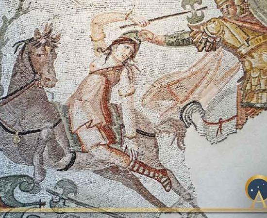 A hippeis rider seizes a mounted Amazonian warrior armed with a labrys by her Phrygian cap. Roman mosaic Daphne, Antioch-on-the-Orontes (now Antakya in Turkey), (fourth century AD)/ Louvre, Paris. (Jacques MOSSOT/ CC BY-SA 4.0)