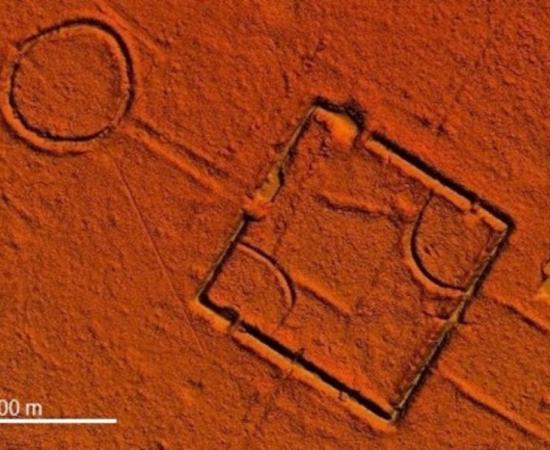 Aerial view of the Fazenda Colorada geoglyph in Acre, Brazil, dated c. AD 1283.