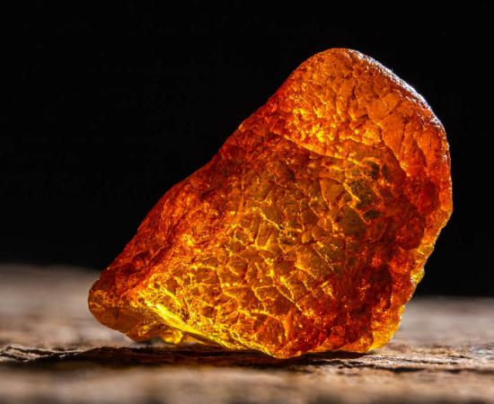 Natural amber. A piece of yellow transparent natural amber on large piece of dark stoned wood.