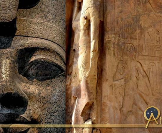 Head from a red granite statue of Amenhotep III wearing the double crown of Upper and Lower Egypt found at Karnak; side panel of one of the Colossi of Memnon shows a relief of Hapy, the Nile god, and a sculpture of Queen Tiye; design by Anand Balaji 