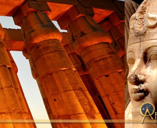 The Great Sun Court of Amenhotep III at Luxor Temple; and detail of a calcite statue shows Amenhotep III with a solar form of the crocodile god Sobek, likely Sobek-Horus; design by Anand Balaji 