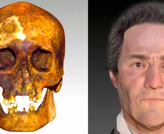 Left 3D scan of JB55's skull with tissue depth markers helped guide the ‘vampire’s’ facial reconstruction. Right- Forensic facial reconstruction of JB55, a Connecticut man suspected of being a vampire. Source: Parabon NanoLabs, Inc