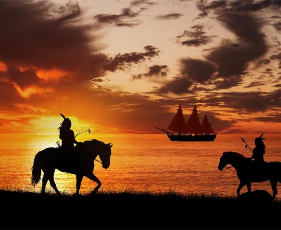 Native Americans see the arrival of an explorer’s ship. 