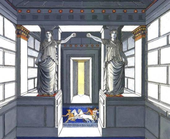 Artistic representation of the caryatids in the Amphipolis tomb.