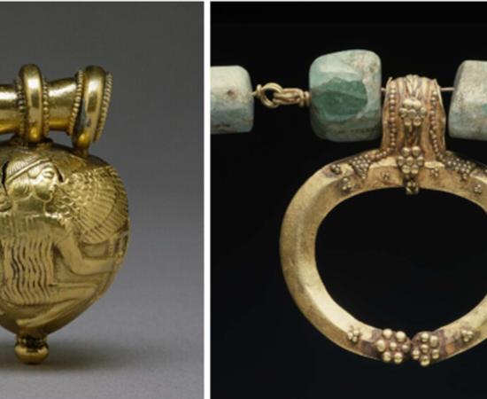 Etruscan bulla depicting Icarus. Right; Roman necklace with ‘Lunula’  