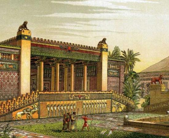 Virtual recreation by Charles Chipiez. A panoramic view of the gardens and outside of the Palace of Darius I of Persia in Persepolis.