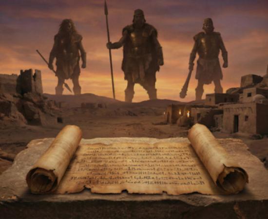 AI impression of ancient Canaan landscape with Nephilim and the papyrus.