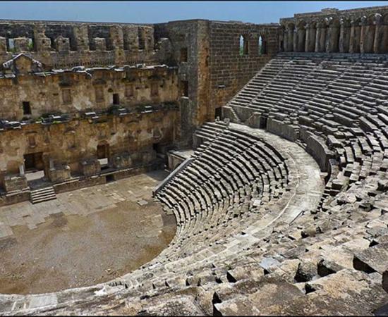 The theatre at Aspendos, Turkey is famous for its magnificent acoustics. Even the slightest sound made at the center of the orchestra can be easily heard as far as the upper most galleries. It is the best preserved and most complete example of a Roman theatre. 