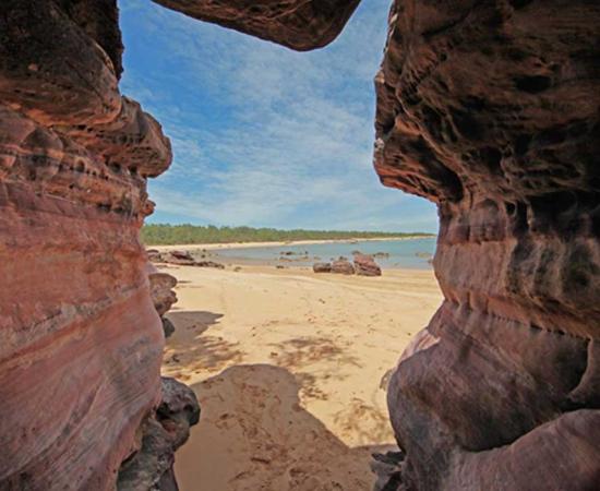 View through sacred rocks beyond Dhambala Homeland center, Elcho island.