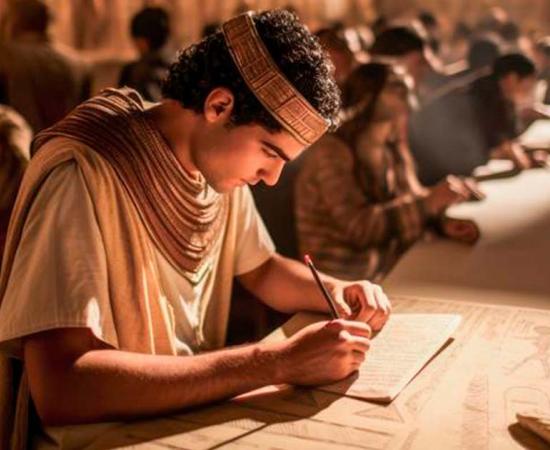 A depiction of the Great Library of Alexandria, a symbol of the intellectual epicenter of the ancient city of Alexandria. Right: Detail of Raphael's (1509–1511) impression of Euclid, teaching students 	Source: Microgen / Adobe Stock 