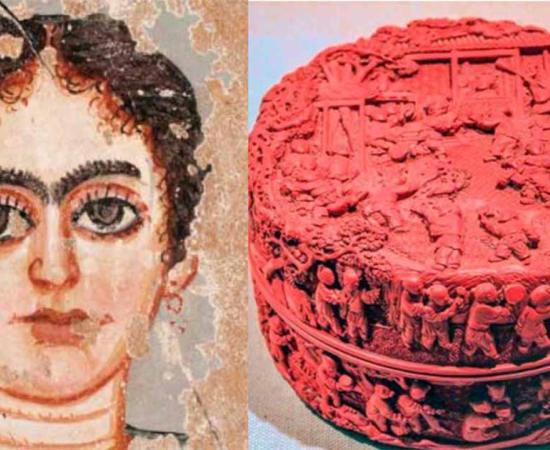 (Left) Photo shows an Egyptian painted wood mummy portrait of a woman from the Roman period, circa 2nd or 3rd century AD. (Right) Cinnabar was widely used as a decorative pigment as well as a toxic cosmetic. A Chinese "cinnabar red" carved lacquer box from the Qing dynasty. Source: Public Domain, Andrew Lih / CC BY SA 2.0                   