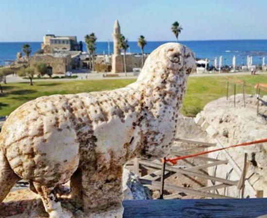 Statue of a ram that was discovered next to the vaults at the front of the temple platform in Caesarea. The town was founded by Herod the Great, king of Judea under the Roman Empire