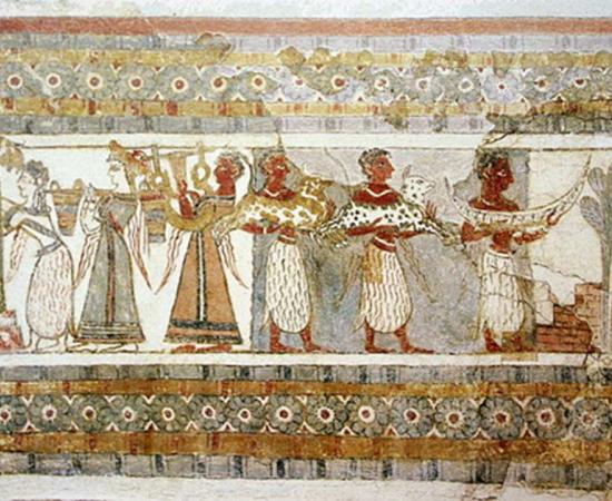 Painted side of sarcophagus from Agia Triada, Crete, around 1400 BC. Painted plaster on limestone. Shows the relationship between the Minoans and Egyptians.