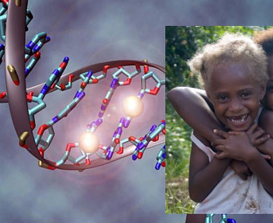 Main: A DNA molecule (C. Bock/Wikimedia Commons). Inset: Two Melanesian girls 