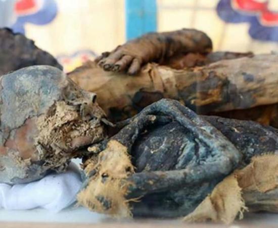 The mummified remains of the woman and boy found in the tomb. Credit: Ministry of Antiquities