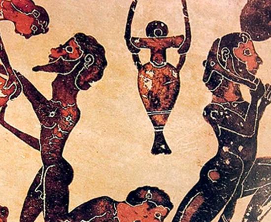 Slaves working in a mine. Corinthian terracotta plaque painting, 5th century BC.