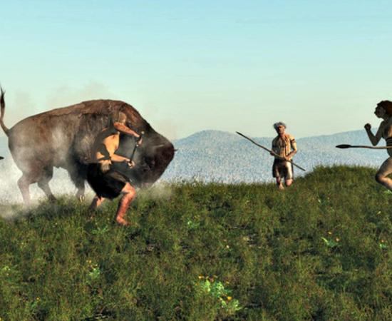 Ancient European hunters face an Uro (European bison). 