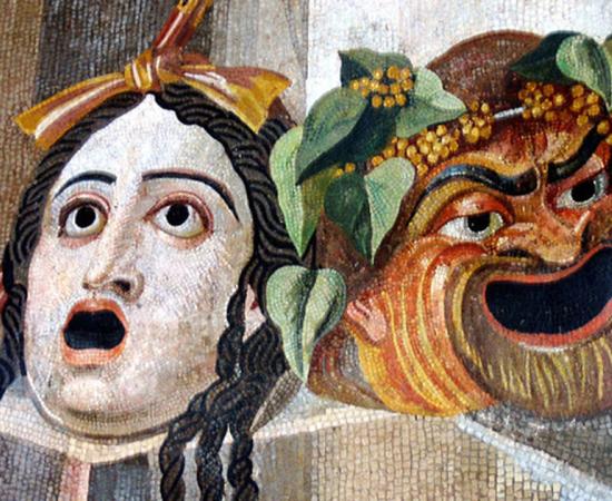 Mosaic, shown Gargoyles in form of Theatrical masks of Tragedy and Comedy. Roman artwork, 2nd century AD.