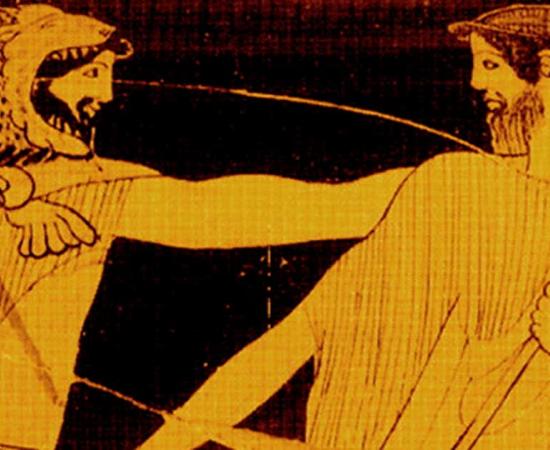 A vase-scene from about 410 BC. Nimrod/Herakles, wearing his fearsome lion skin headdress, spins Noah/Nereus around and looks him straight in the eye. Noah gets the message and grimaces, grasping his scepter, a symbol of his rule - soon to be displaced in the post-Flood world by Nimrod/Herakles, whose visage reveals a stern smirk.