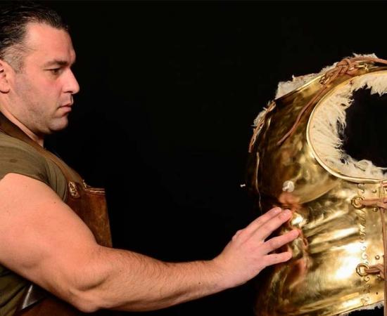 Dimitrios Katsikis pictured with one of his Greek armor creations. Credit: Dimitrios Karvountzis / Dimitrios Katsikis / Hellenic Armors.