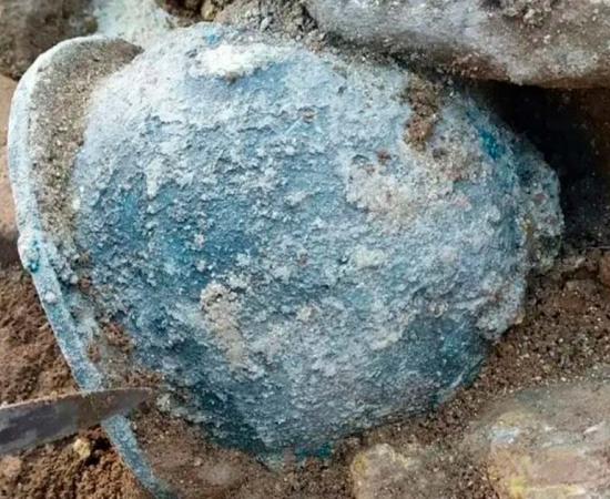 An ancient Greek helmet found at the Acropolis of Velia in Italy, in what was then Magna Graecia. Credit: Italian Ministry of Culture