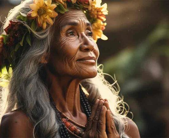 Woman adorned with a lei engages in the Hooponopono practice, traditional Hawaiian method of finding peace and forgiveness. Source: irissca/Adobe/Stock