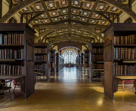 The interior of Duke Humphrey's Library, the oldest reading room of the Bodleian Library in the University of Oxford.