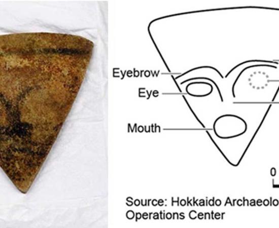 Left, A stone piece bearing the painting of a human face and found in Kikonai, Hokkaido (Yoshinori Toyomane) Right. A Sketch of the impression.