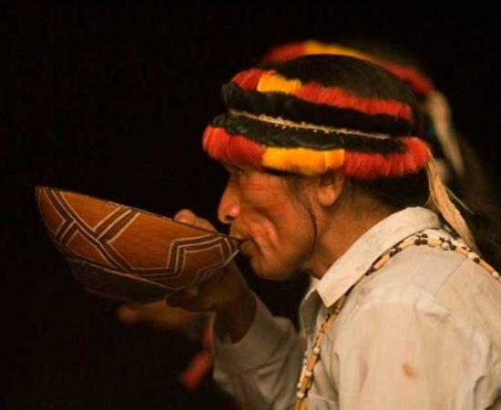 An indigenous person of Peru taking traditional medicine.
