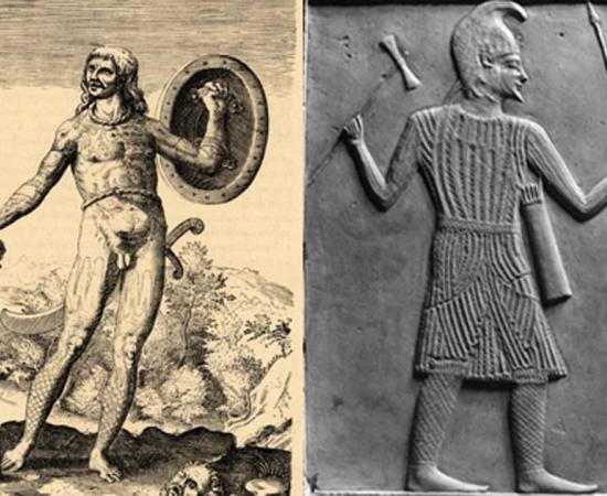 Left: Pictish warrior (public domain) Right: Scythian Warrior with Axe, Bow, and Spear.